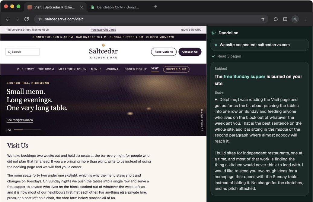 Dandelion's side panel docked to the right of saltcedarrva.com, showing a finished draft email that quotes the free Sunday supper described on the page.